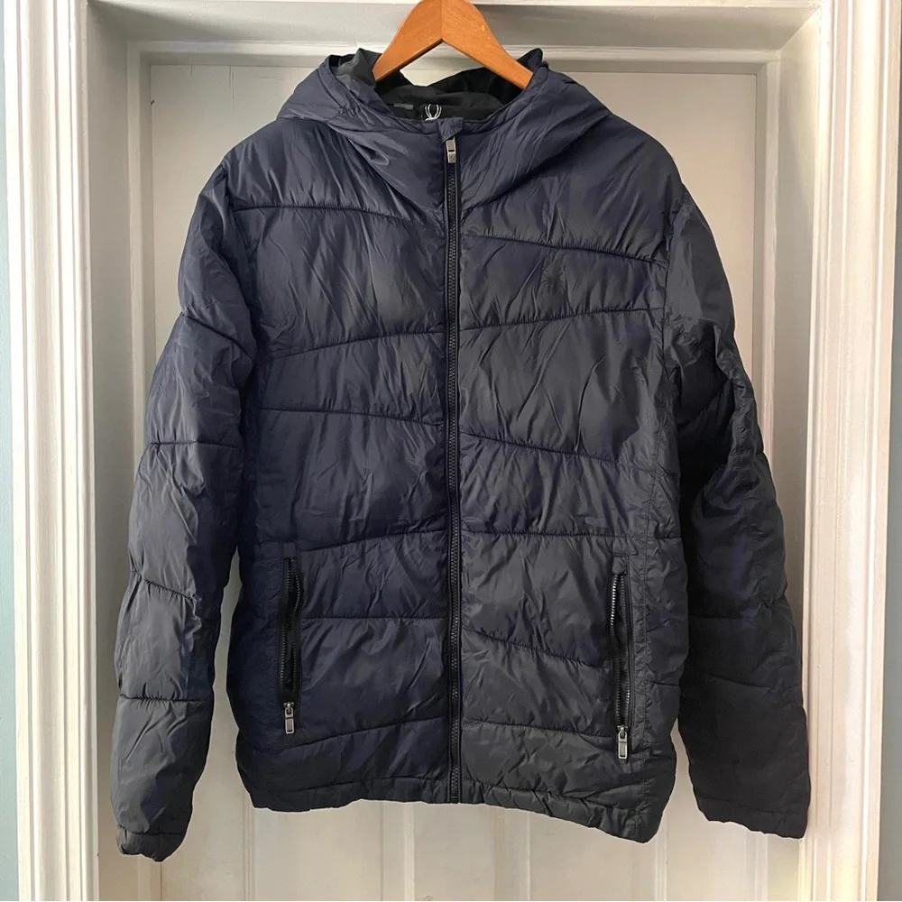 Spyder Nexus Hooded Puffer Logo Jacket in Dark Navy Size M